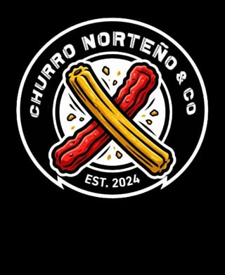 Circular logo for Churro Norteno & Co established 2024, featuring crossed yellow and red churros with sparkles on a black background
