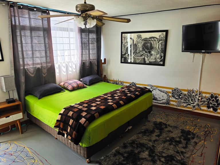 Bedroom with lime green bed, black checkered comforter, dark curtains, ceiling fan, wall-mounted TV, and artwork