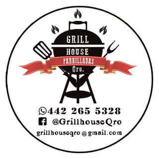 Grill House Parrilladas restaurant logo with BBQ grill, contact info, WhatsApp, Facebook, and email details.